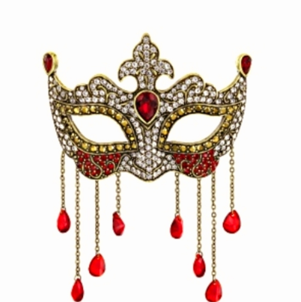Mardi Gras Multicolor Crystal Antiqued Color Gold-Tone Mask Brooch Ruby Topaz